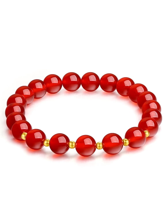 Yellow Gold Beads 8mm Red Agate Beaded Bracelet Natural Gemstone Bracelet for Women 7in