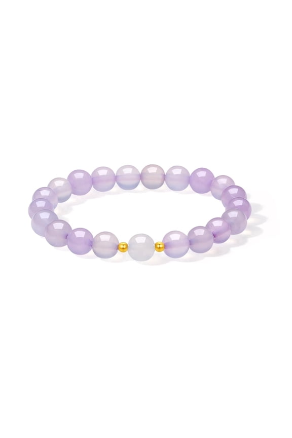 Yellow Gold Purple Chalcedony Beaded Stretch Bracelet Natural Gemstone Birthstone Gift for Mom Women 6.7inch J1915935 - February
