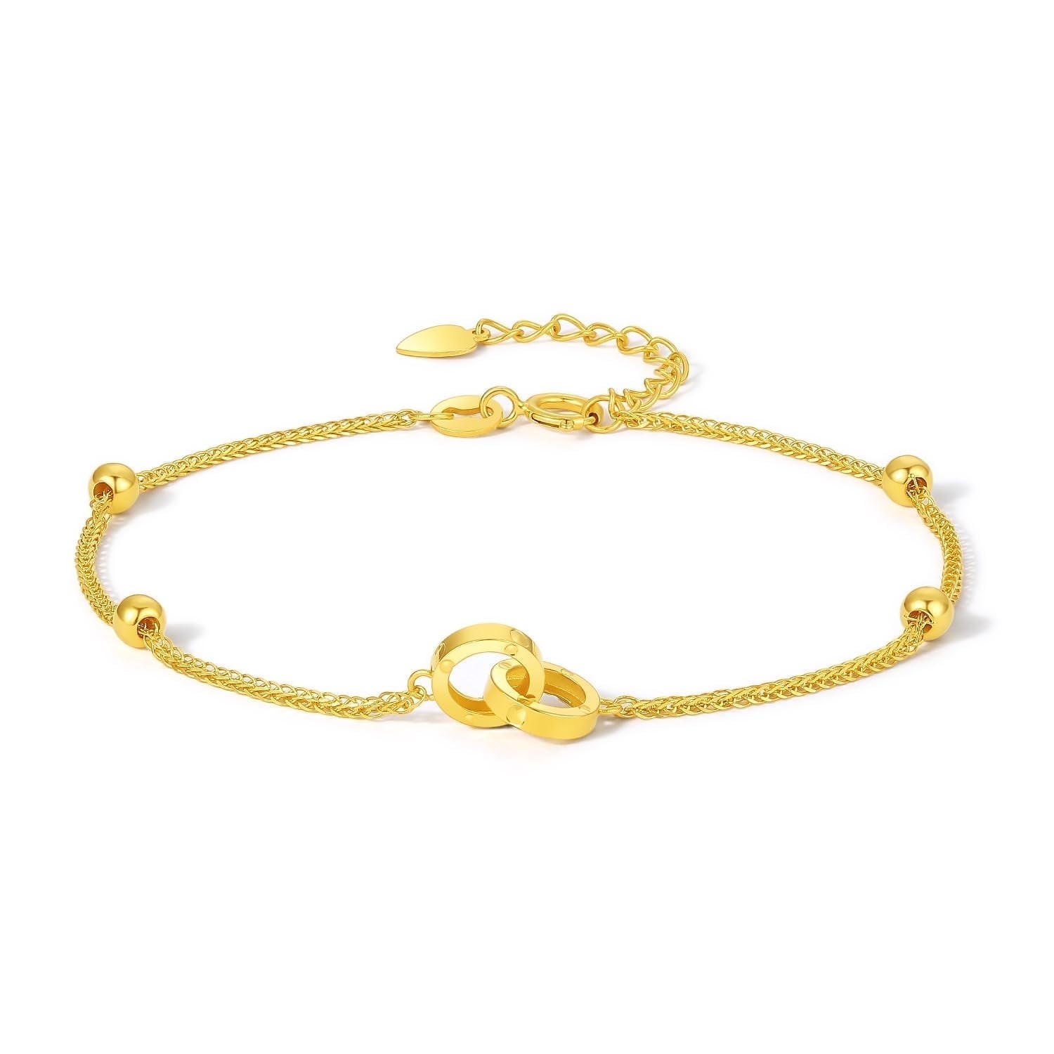 ZHOU LIU FU 18K Gold Bracelet for Women, Double Circle Infinity Chain, Adjustable 6.37.5 in, Gift Box Included