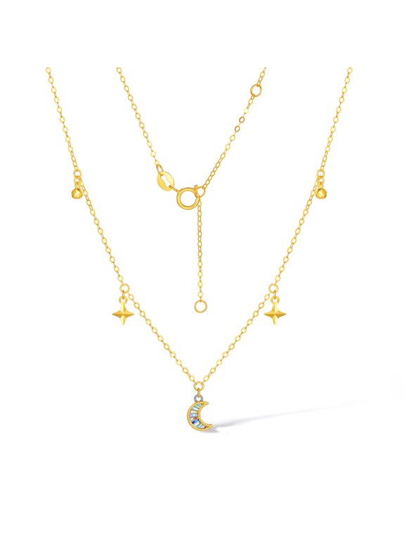 18K White & Yellow Gold Moon Necklace for Women - Dainty Diamond Cut Moon & Star Pendant Charm Fine Jewelry for Daily 16-18in