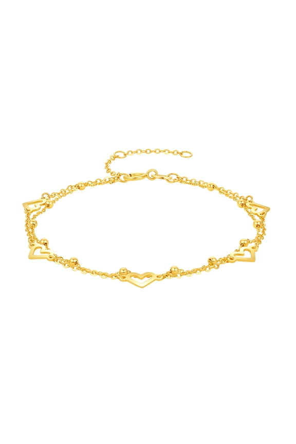 18K Gold Double Chain Bracelet, Five Hollow Heart Charms for Women 6.3''-7.5''