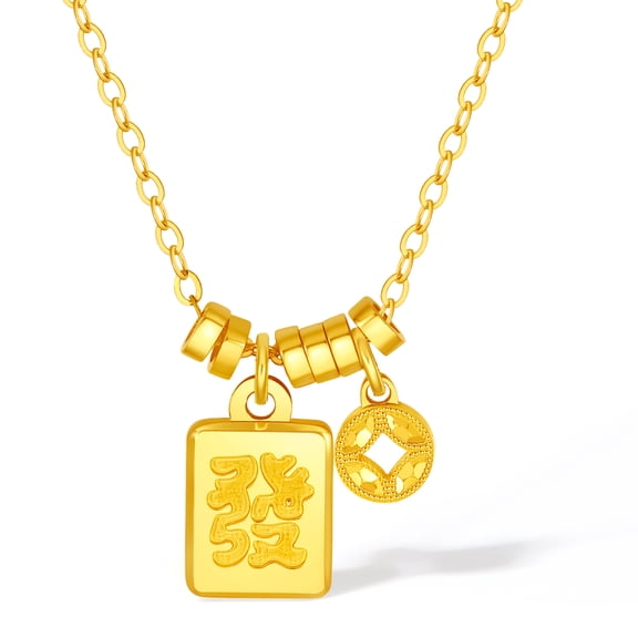 ZHOU LIU FU 18K Gold Mahjong Fa Character & Chinese Coin Pendant Necklace for Women, Prosperity-Inspired Fine Jewelry Gift