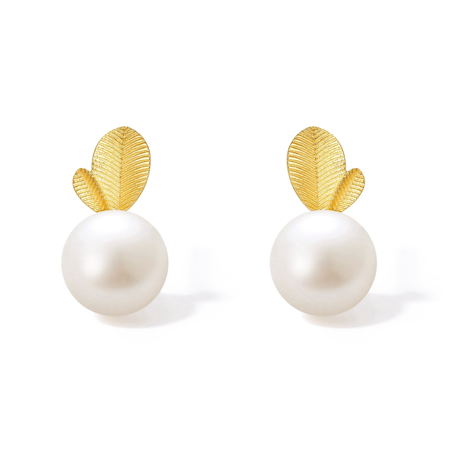 ZHOU LIU FU 18K Gold Freshwater Pearl Drop Earrings Leaf Shaped Studs for Women Mom KHPB095120