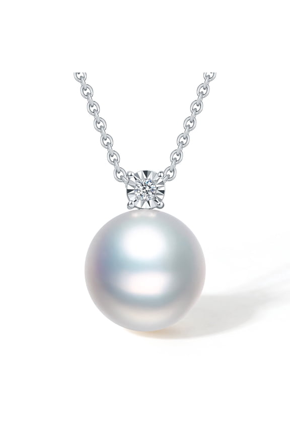 18K Gold Freshwater Pearl Necklace Pendant - 10mm Round White Pearl Charm with Diamond, Birthday & Anniversary Gift for Women Mom (Chain Not Included)
