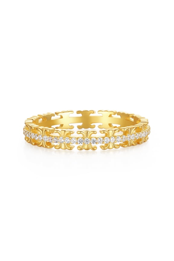 18K Gold Plated S925 Sterling Silver Cubic Zirconia Pattern Band Ring for Women