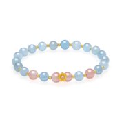 ZHOU LIU FU 18K Gold Plated Sterling Silver Beaded Bracelet Agate & Aquamarine Stretch with Cute Flower for Women 17cm J1916261