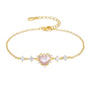 ZHOU LIU FU 18K Gold Plated Sterling Silver Chain Bracelet, Heart Mother Of Pearl Charm for Women 6.3-7.5