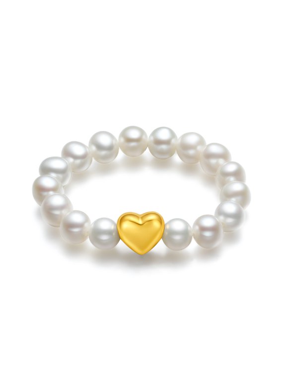 18K Gold Ring for Women, Golden Heart White Pearl Stackable Statement Jewelry Elegant Solid Gold Gift Birthday Christmas Anniversary X0111071