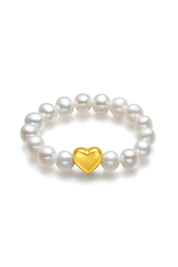 18K Gold Ring for Women, Golden Heart White Pearl Stackable Statement Jewelry Elegant Solid Gold Gift Birthday Christmas Anniversary X0111071