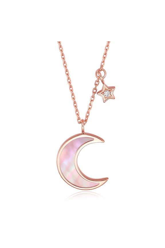 18K Rose Gold Diamond Moon Star Pendant Necklace - Pink Mother of Pearl Inlay Celestial Fine Jewelry Gift for Women