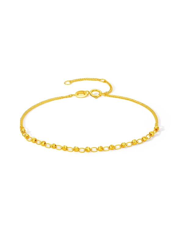 18K Yellow Gold Chain Bracelet for Women, Wheat Link & Diamond Cut Gold Beads 6.3-7.5 inch C0716154