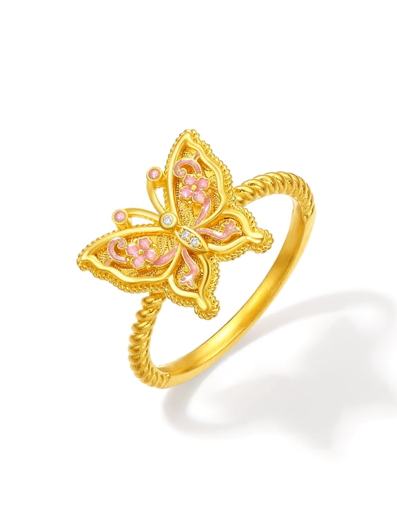 24K Gold 3D Butterfly Ring with Pink Enamel for Women Size 13 W0123501