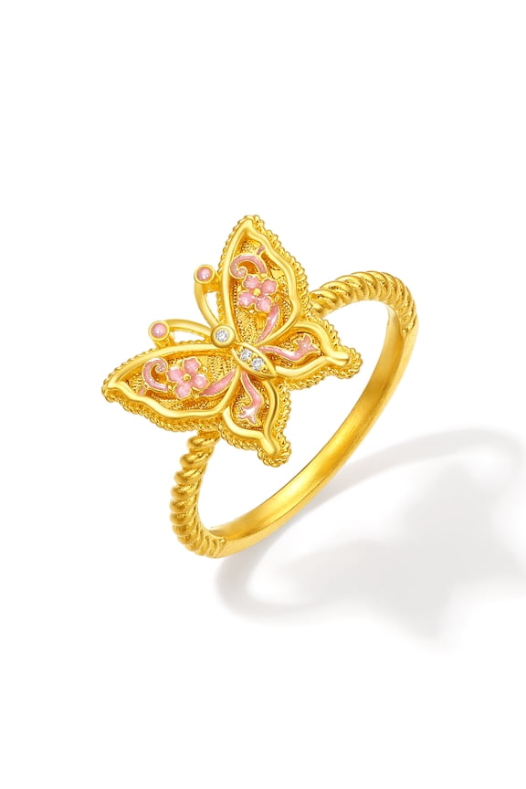 24K Gold 3D Butterfly Ring with Pink Enamel for Women Size 13 W0123501