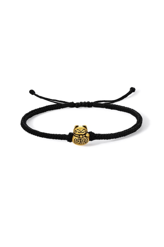 24K Gold Lucky Cat Black Braided String Bracelet Maneki-neko Charm Bracelets Adjustable Cord Daily Wear Anniversary Birthday for Women Men 6.3-8.7inch