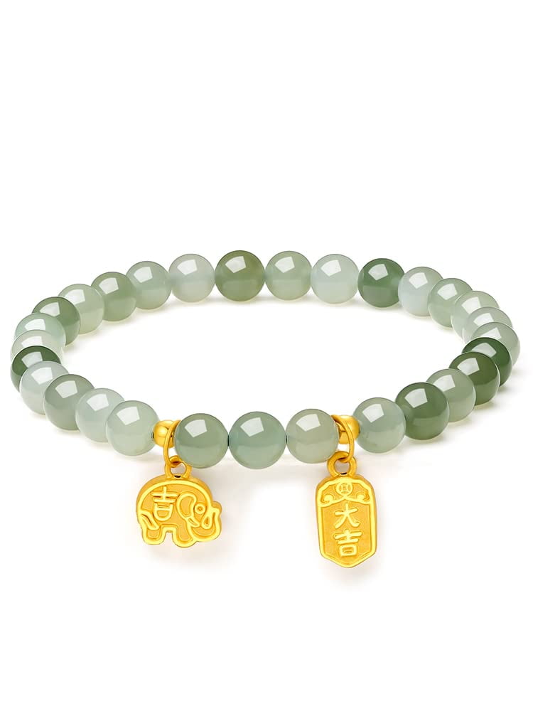 ZHOU LIU FU 24K Gold Bracelet Fortune Plate Real Gold Beaded Bracelet Green Jade Stretch Bracelet Adjustable Dainty Jewelry for Women Mother Lover Her Anniversary Birthday Y1910851