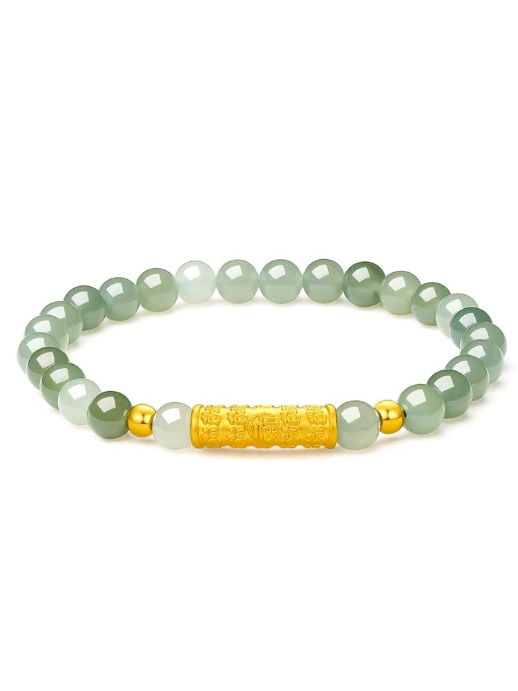 ZHOU LIU FU 24K Gold Bracelet Real Gold Fortune Beaded Bracelet Green Jade Stretch Bracelet Adjustable Dainty Jewelry for Women Mother Lover Her Anniversary Birthday Y1910809