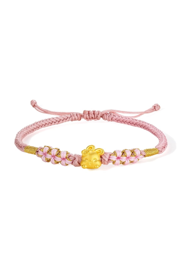 24K Gold Bracelet for Women Rabbit Charm Floral Bracelets Adjustable Bunny Pink Braided Rope Stackable Good Luck Jewelry A1710399
