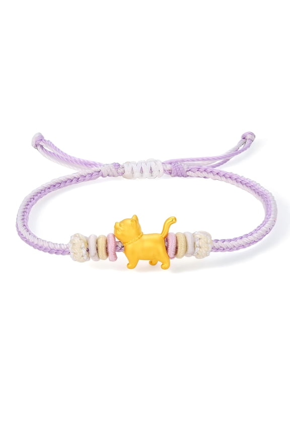 24K Gold Cat Charm Purple Braided Bracelet for Women Dainty Animal Bracelet Fine Jewelry Birthday Anniversary Gift for Women 6.3-8.7in