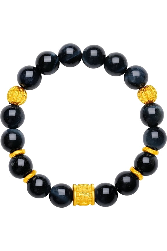24K Gold Charm Blue Tiger's Eye Beaded Bracelets for Men & Women - 9mm Stretch Stone Bracelet Stress Relief Jewelry