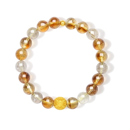 ZHOU LIU FU 24K Gold Citrine Beaded Bracelet Gold Ball Charm Chinese Coin Golden Rutilated Quartz Stretch Bracelets