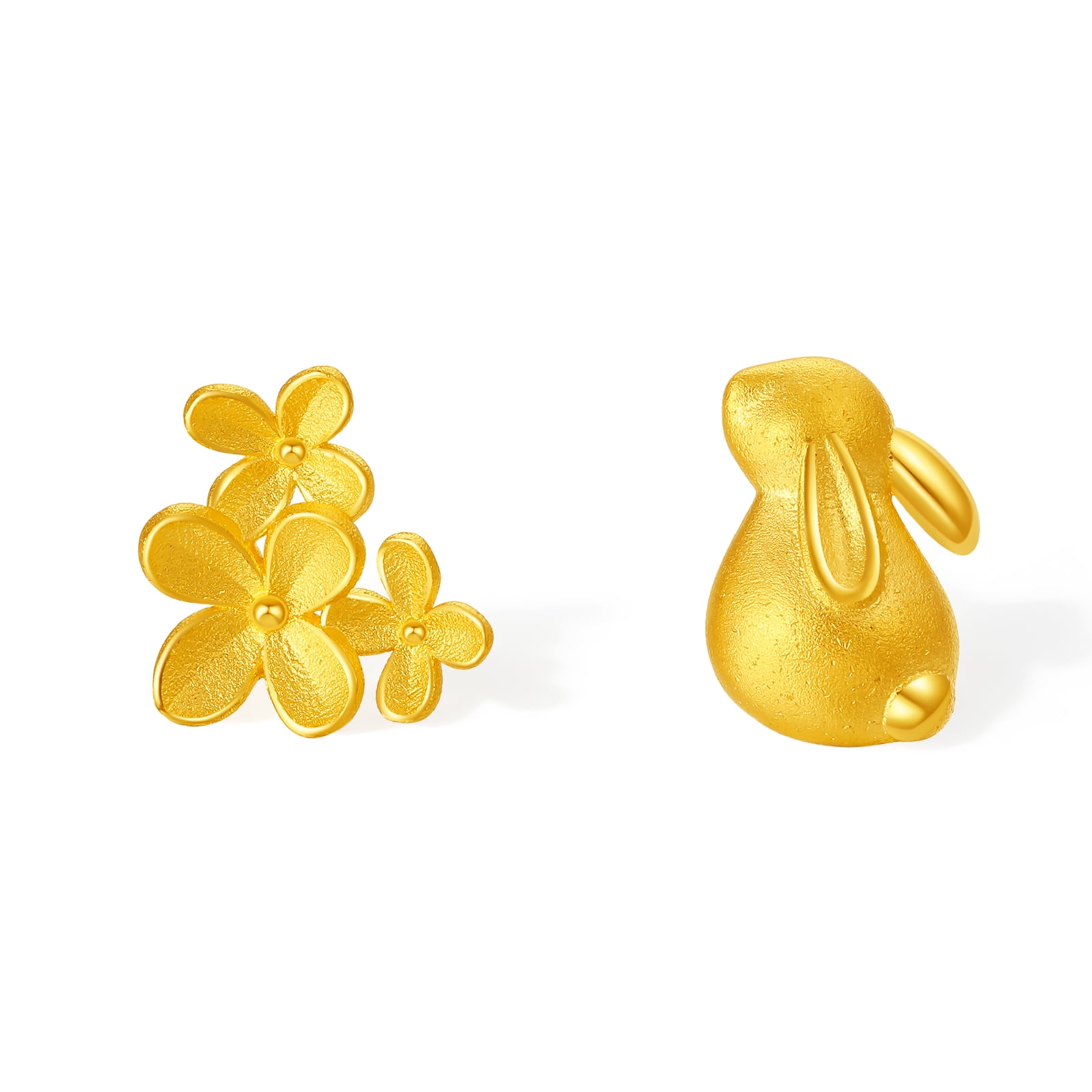 ZHOU LIU FU 24K Gold Earrings Flower & Bunny Cute Asymmetrical Stud Real Gold for Women Gift Easter Birthday Anniversary A0913964