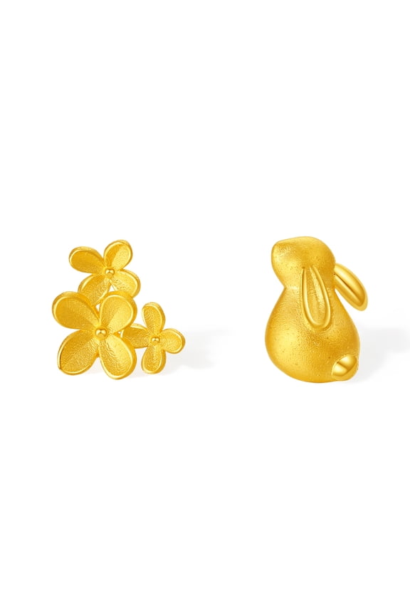 24K Gold Earrings Flower & Bunny Cute Asymmetrical Stud Real Gold for Women Gift Easter Birthday Anniversary A0913964