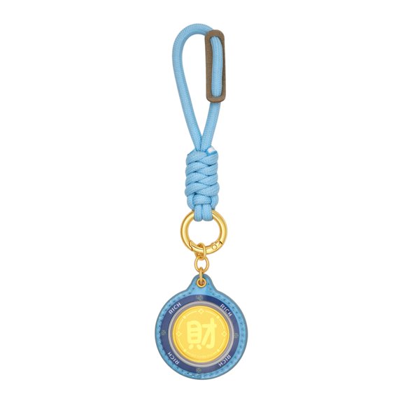 ZHOU LIU FU 24K Gold Foil Pendant Chinese Fa Cai 999 Golden Charm Characters RICH Blue Keychain Round Jewelry Birthday Valentine Anniversary for Men Husband Lover Gifts