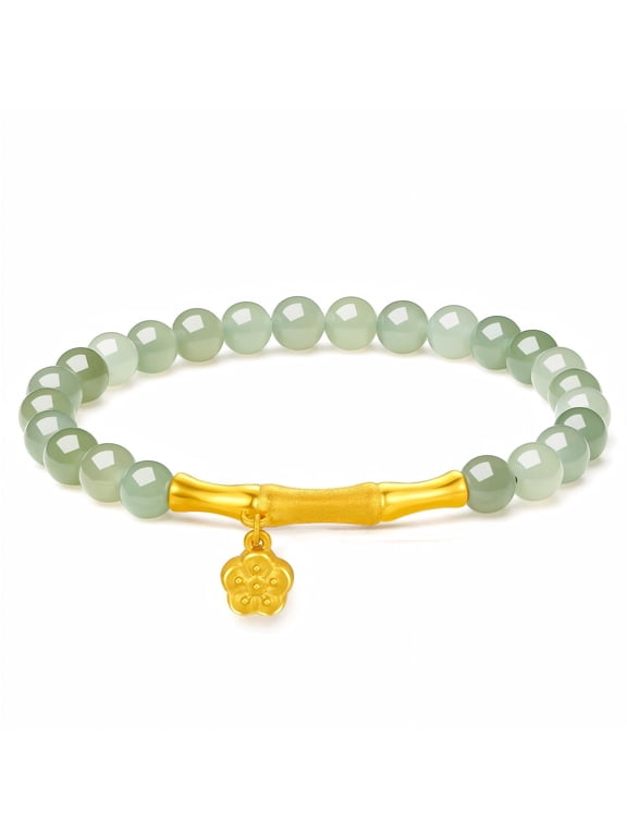 24K Gold Green Nephrite Jade Bead Stretch Bracelet Bamboo & Plum Blossom Charm for Women Men 17cm/6.7''