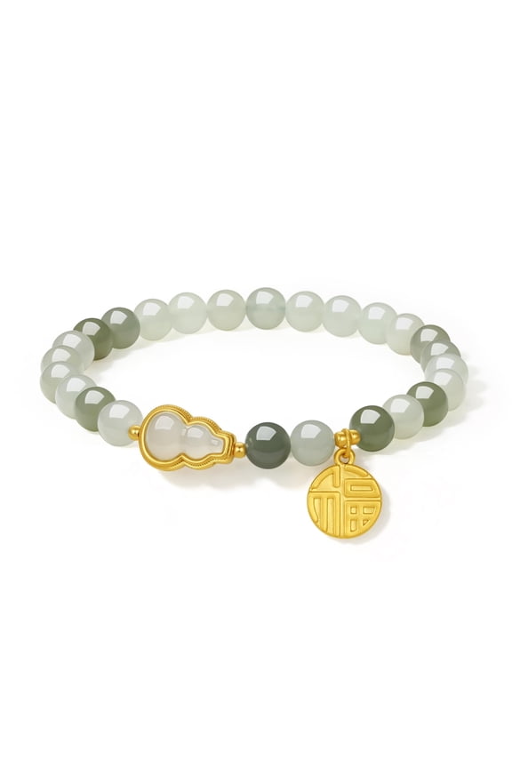24K Gold Green Jade Bead Bracelet Pure Gold Elastic Fortune Bracelet Stretchable Real Gold Green Jade Bead Bracelet for Women (Fortune Plate with Gourd) Y1911746