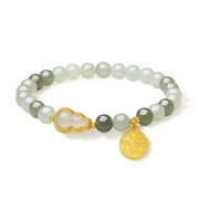 ZHOU LIU FU 24K Gold Hulu Jade Bead Bracelet Pure Gold Inlaid Jade Gourd Fortune Sign Stretchable Bracelet Jewelry Gift for Women