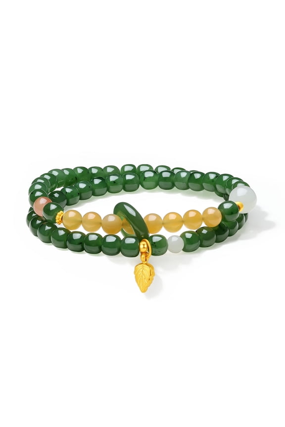 24K Gold Jade Beaded BraceletLeaf Charm Double Stretch for Women Mom Y1913773
