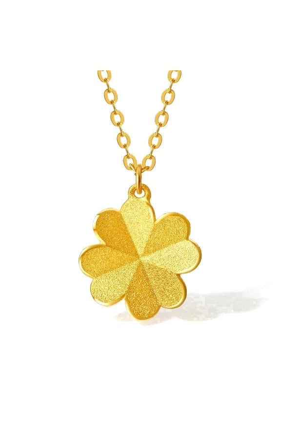 24K Solid Gold Matte Four Leaf Clover Pendant Necklace for Women - 18" Gold Chain Fine Jewelry Birthday Anniversary Gift for Women