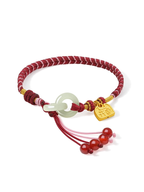 24K Gold Peace Lock Charm String Bracelet Jade Interlocking Circle & Red Agate Cord Fortune Jewelry Birthday Anniversary Gifts for Women Mom 6.3+2.4inches