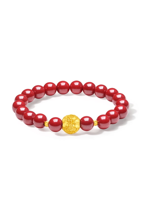 24K Gold Red Cinnabar Beaded Bracelet Luck Stretch Jewelry Gifts for Women Mom Lover 6.7"/17CM A1914671