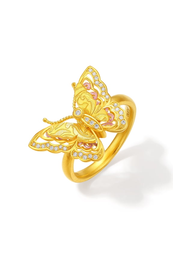 24K Gold Ring Layered Double Butterfly with Pink Enameland Pavé Accents for Women Size 13 W0123487