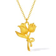 ZHOU LIU FU 24K Gold Tulip Bouquet Pendant Necklace for Women - Fine Jewelry Valentines Day Anniversary Gift