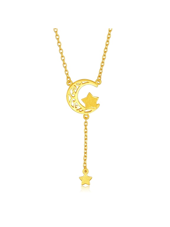 24K Pure Gold Moon and Star Pendant Necklace - Dainty Celestial Fine Jewelry Birthday Christmas Anniversary Gift for Women Mom Wife