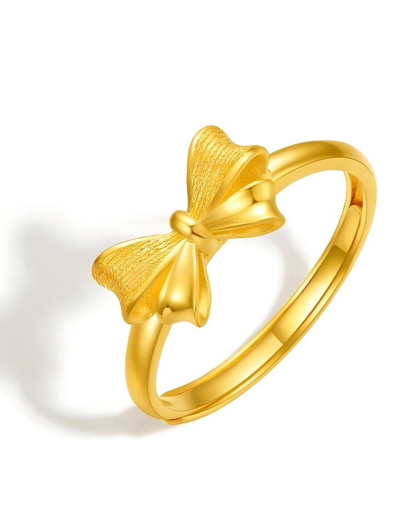 24K Solid Gold Bow Tie Ring for Women, Real Gold Statment Stackable Wedding Band Sz 6