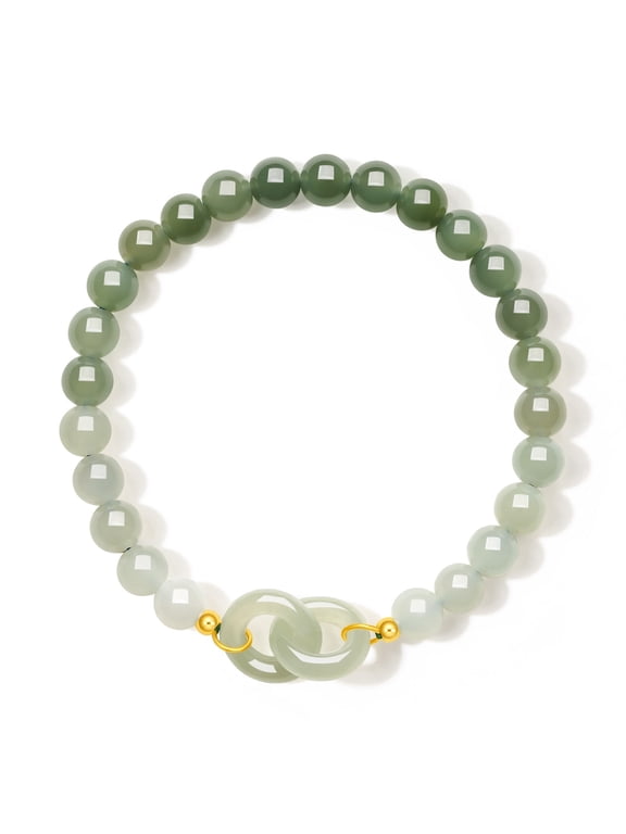 24K Solid Gold Bracelet Interlocking Circle Charm Ombre Green Jade Beaded Stretch Bracelets Healing Gemstone Birthday Anniversary Gift for Women Mom Daughter 6.7"