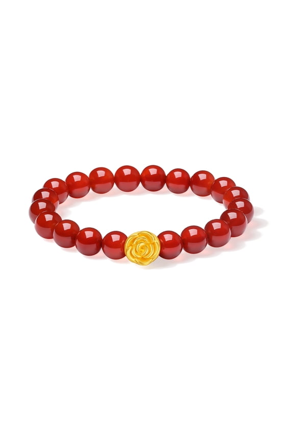 24K Solid Gold Charm Bracelets Red Agate Beaded Bracelet Real Gold Floral Charms Healing Jewelry for Women Her Mom Gifts Mother Day Birthday Anniversary 7"