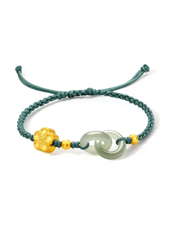 24K Solid Gold Cherry Blossom Braided Bracelets for Women, Nephrite Jade Interlocking Circle Charm Jewelry for Mom Women Lover 6.3-8.7inches
