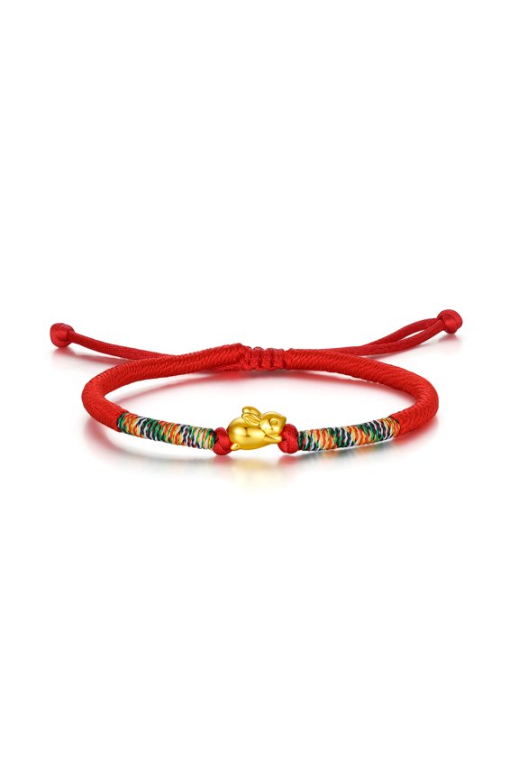 24K Solid Gold Chinese Mini Zodiac Animal Charm Red String Bracelet for Women - Rabbit