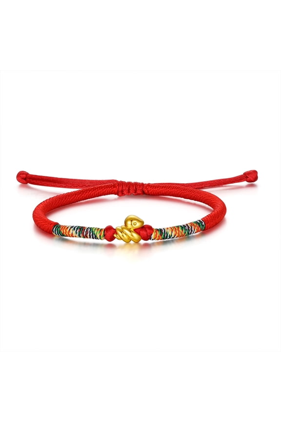 24K Solid Gold Mini Chinese Zodiac Animal Charm Red String Bracelet for Women - Snake