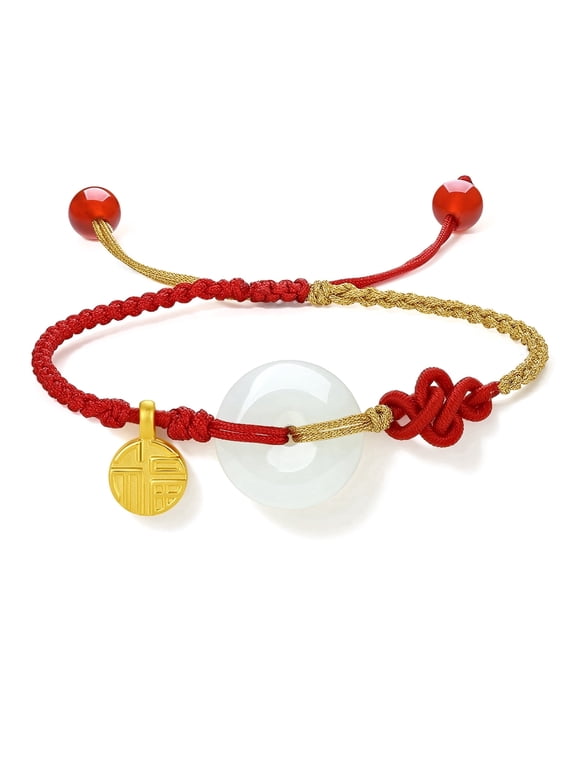 24K Solid Gold FU Charm String Bracelet - Jade Peace Buckle Colored Braided Rope Feng Shui Jewelry for Women