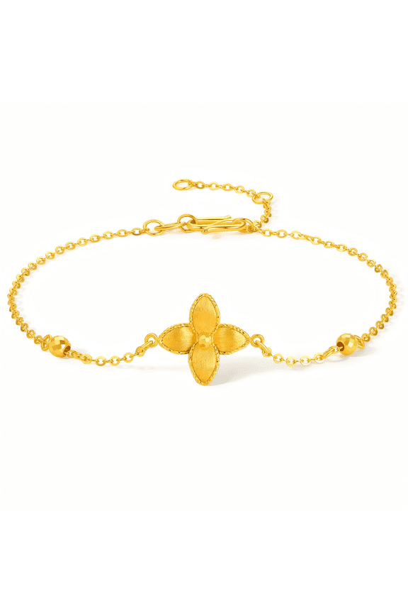24K Solid Gold Four Leaf Clover Bracelet - Dainty Leaf Charm Fine Jewelry Gift for Women