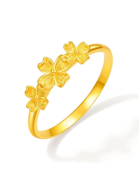24K Solid Gold Four-Petaled Flower Ring for Women, Dainty Floral Lucky Jewelry Wedding Anniversary Gift, Size 6