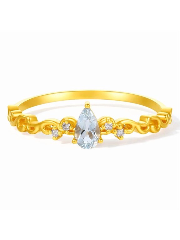 24K Solid Gold Pear Drop Aquamarine Ring Filigree Design 0.018ct Diamond Accent Engagement Ring for Women Size 7