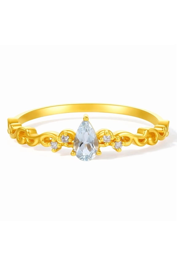 24K Solid Gold Pear Drop Aquamarine Ring Filigree Design 0.018ct Diamond Accent Engagement Ring for Women Size 7