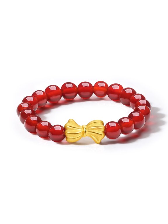 999 Gold Ring - Adjustable Red Agate Beads Gold Bow Charm Ring Birthday Gift for Women (Size 5.5-6.5)