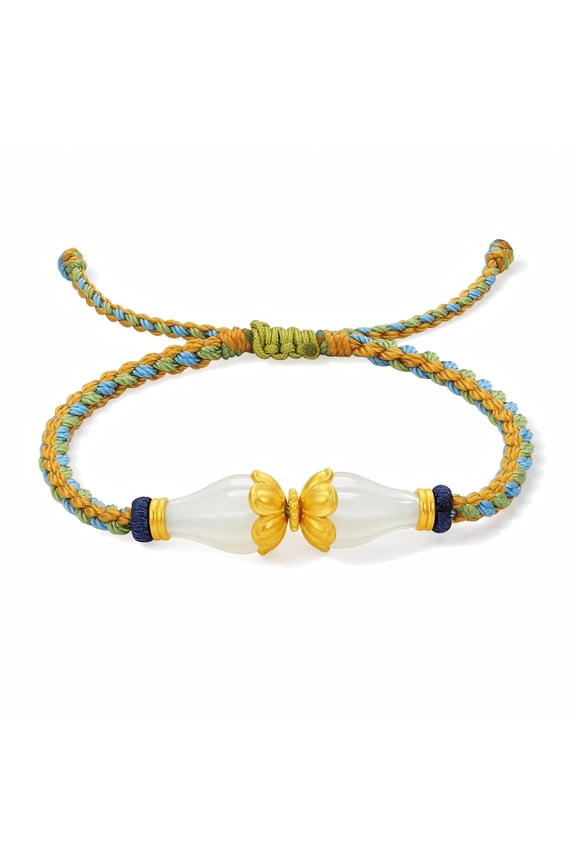 24K Solid Gold White Jade Lotus Treasure Vase Charm Braided String Bracelet for Women Amulet Protection Rope